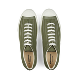 A pair of olive green nylon gym court sneakers with Moonstar white laces and rubber soles.