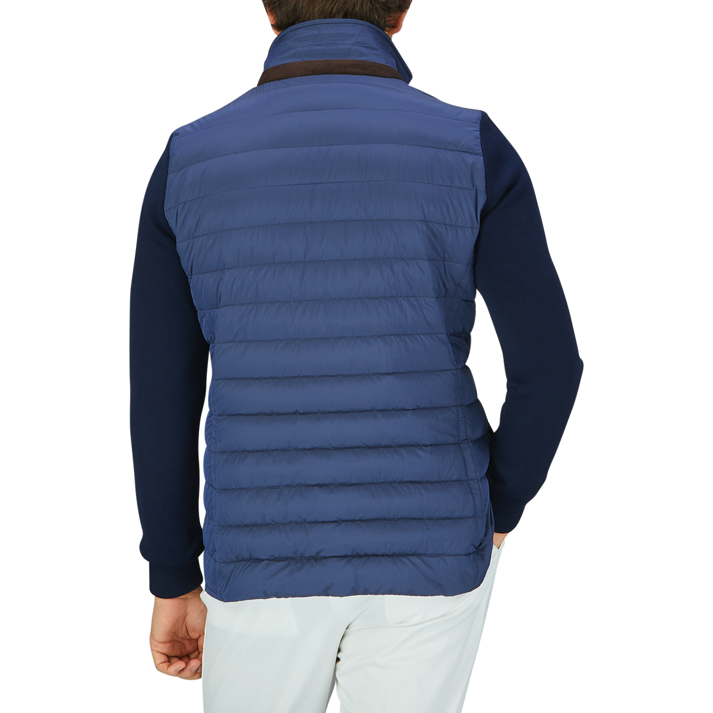 The back view of a man wearing a Moorer Ocean Blue Nylon Knitted Sleeve Jacket.