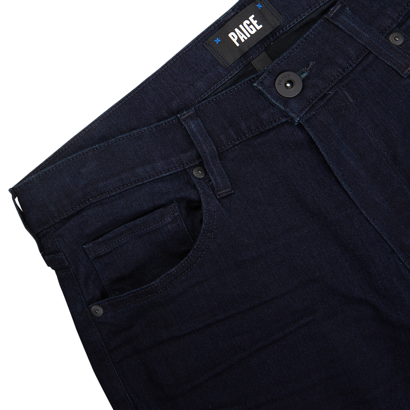 Paige Inkwell Blue Cotton Transcend Normandie jeans close-up displaying waistband and pockets.