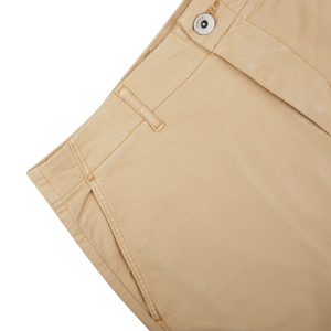 Khaki Beige Cotton Blend Phillips Shorts with a side pocket detail on a white background by Paige.