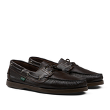 A pair of men's Dark Brown Grained Leather Barth Moccasins boat shoes with laces and a white sole by Paraboot.