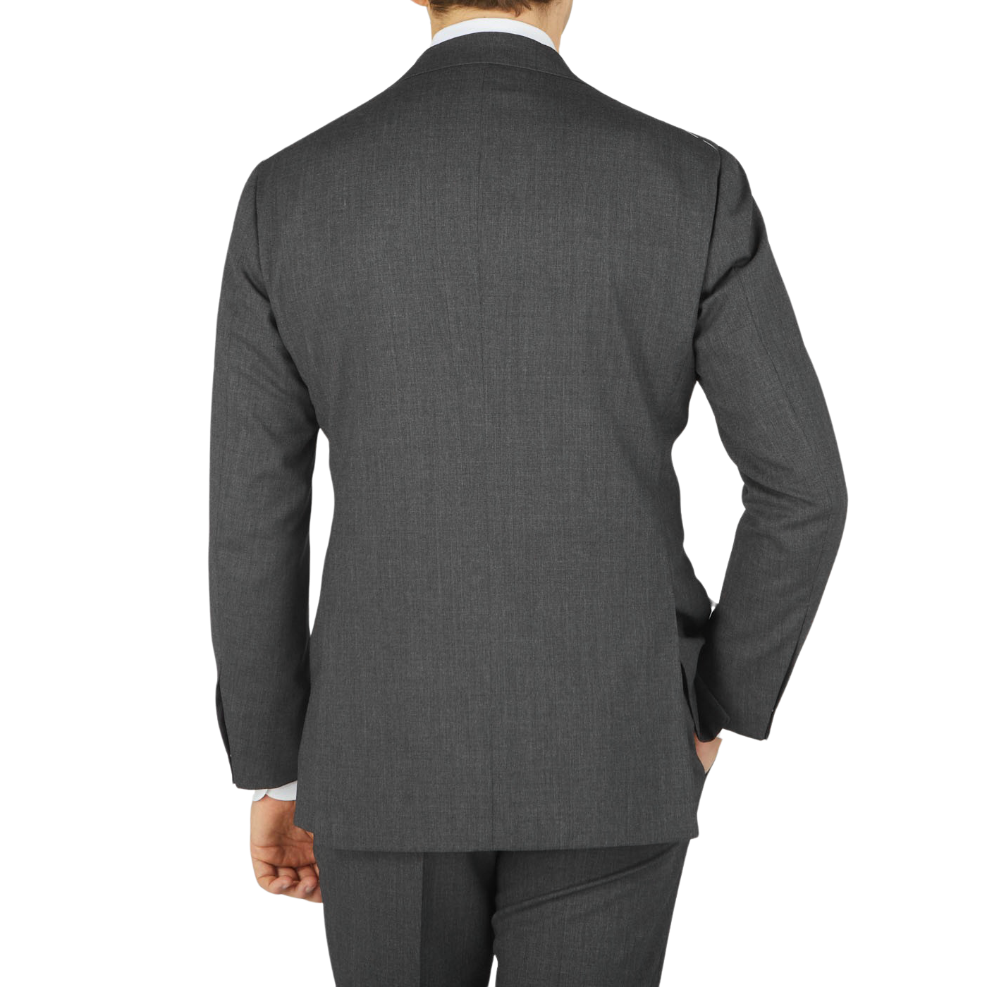 Rear view of a man wearing a Dark Grey High Twist Wool Suit by Ring Jacket, standing against a light gray background.