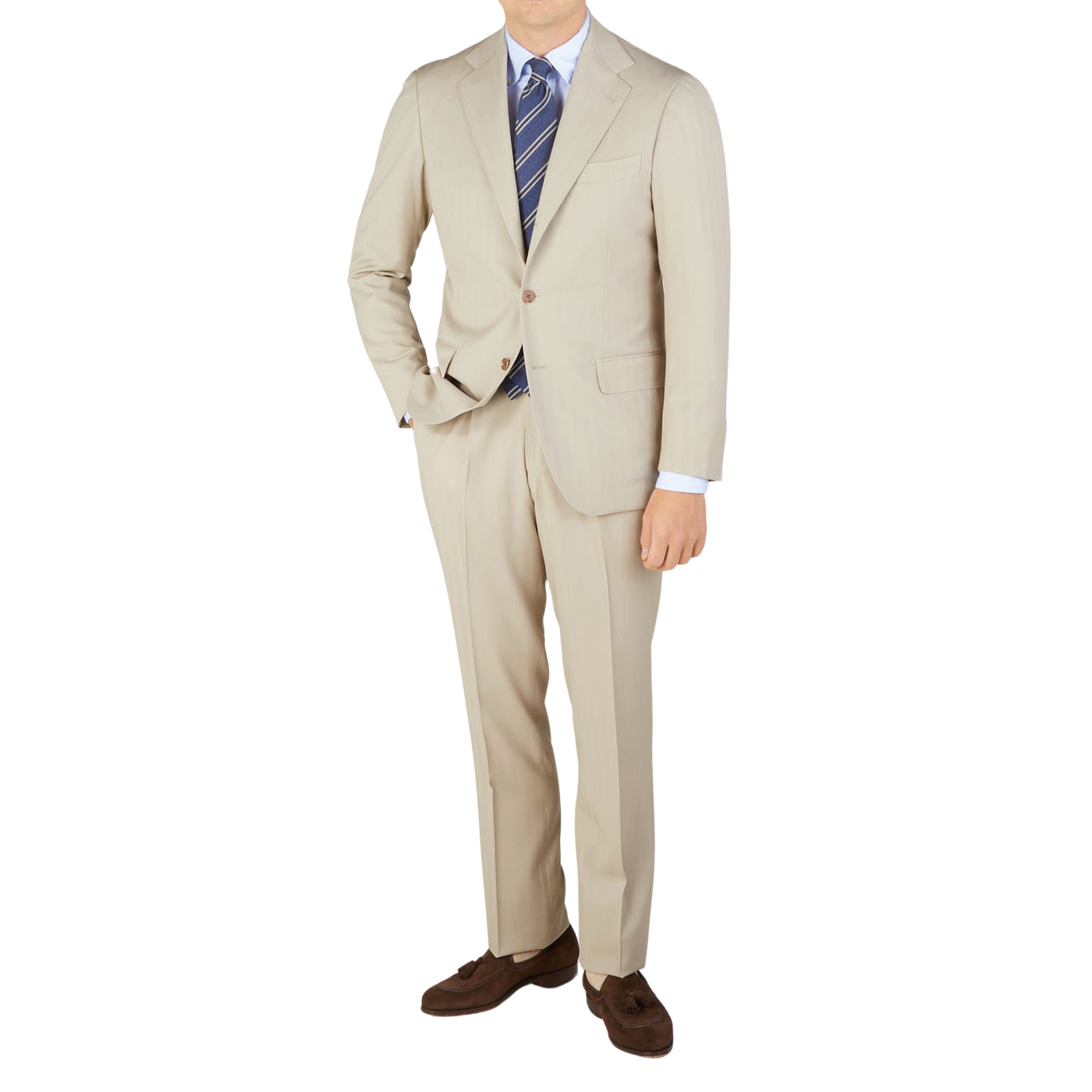 A man is posing in a Light Beige Herringbone Wool Suit by Ring Jacket.