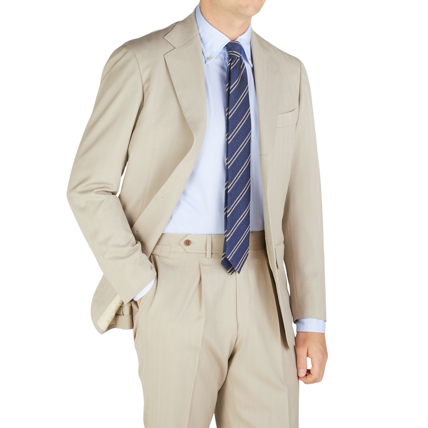 A man in a Light Beige Herringbone Wool Suit by Ring Jacket.