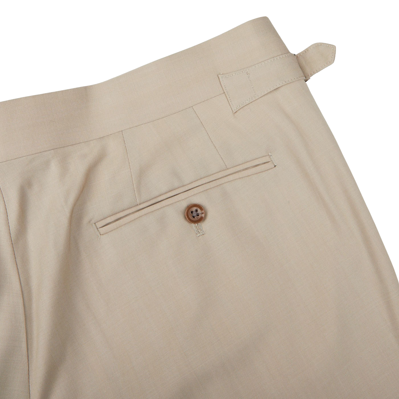 A close up of the Light Beige Herringbone Wool Suit pants by Ring Jacket.