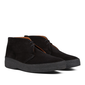A pair of British Sanders Black Suede Hi Top Boots with contrasting orange stitching and black laces on a solid background.