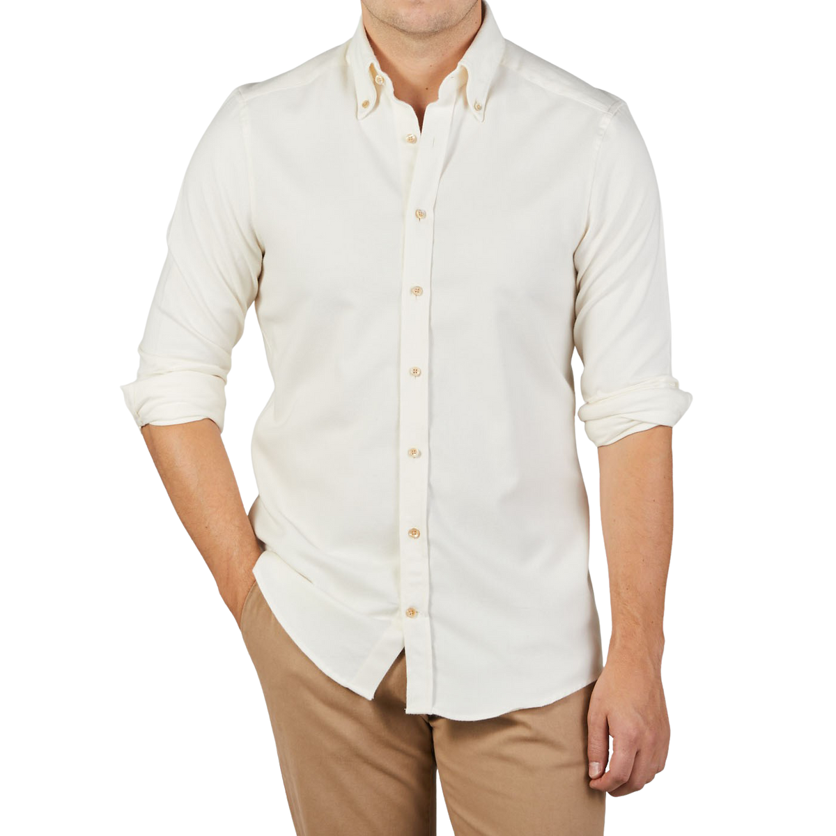 Cream Cotton Flannel Fitted Body BD Shirt