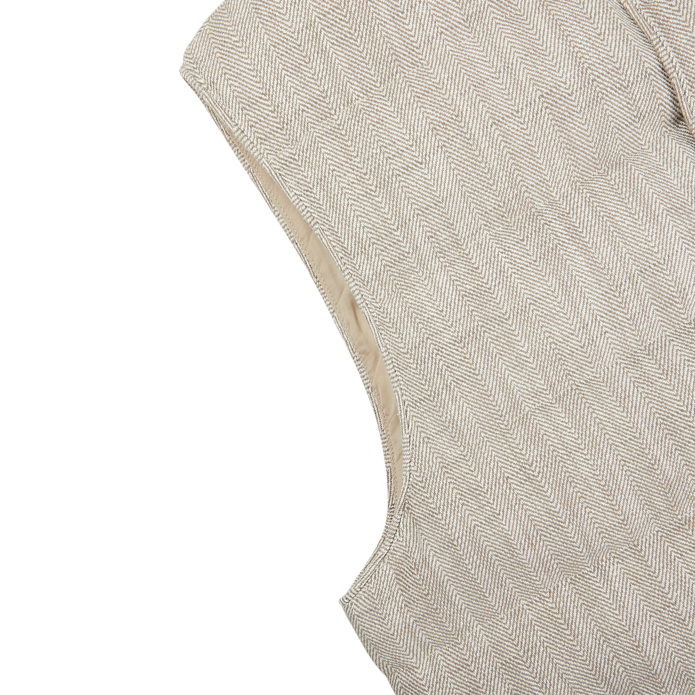 A close up of a Stenströms Beige Herringbone Cotton Linen Down Padded Gilet on a white surface.