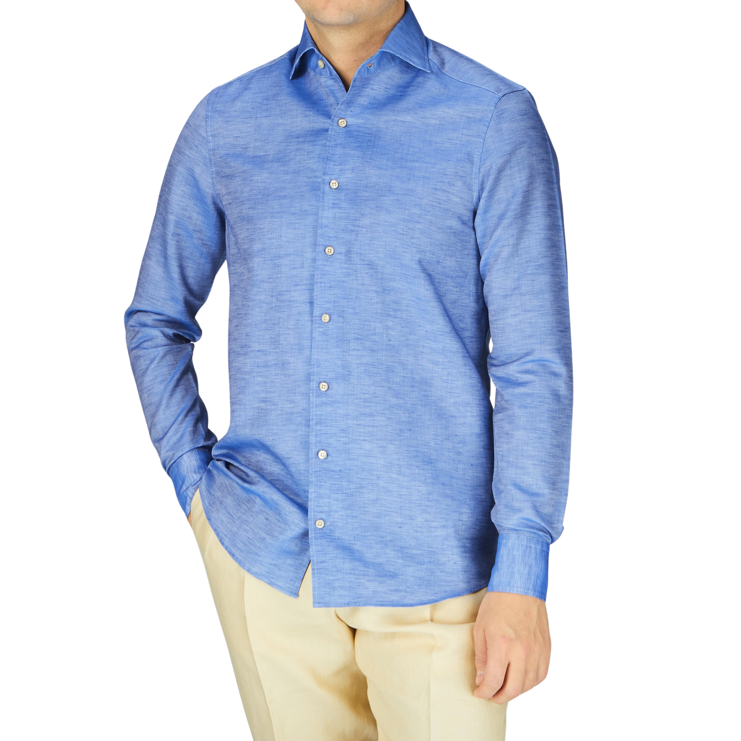 A man in a Stenströms Blue Melange Cotton Linen Slimline Shirt and tan pants.
