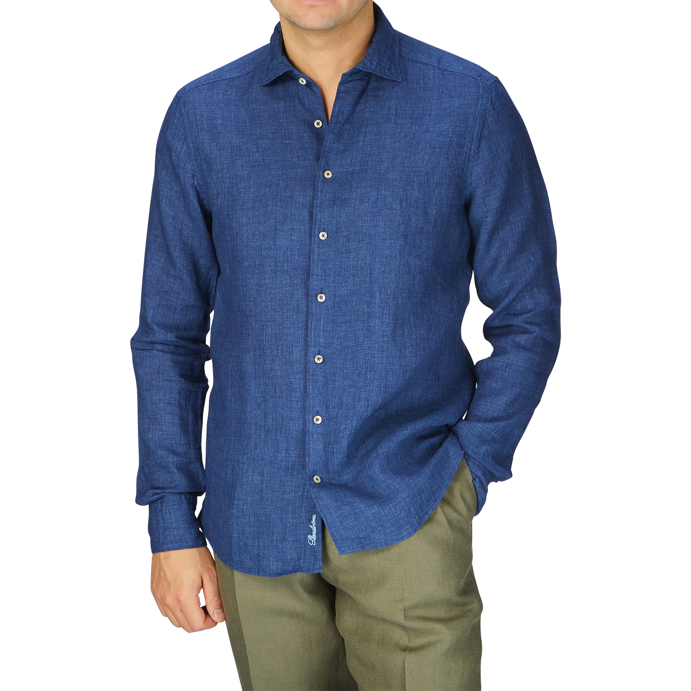 A man in a Dark Blue Linen Fitted Body Shirt by Stenströms and khaki pants, summer essential.