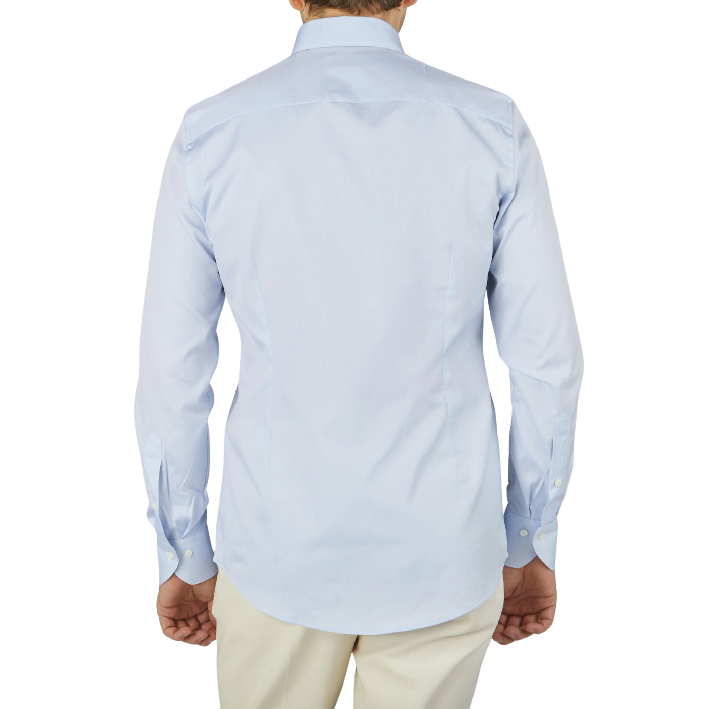 The back view of a man wearing a Light Blue Cotton Oxford BD Fitted Body Stenströms shirt.