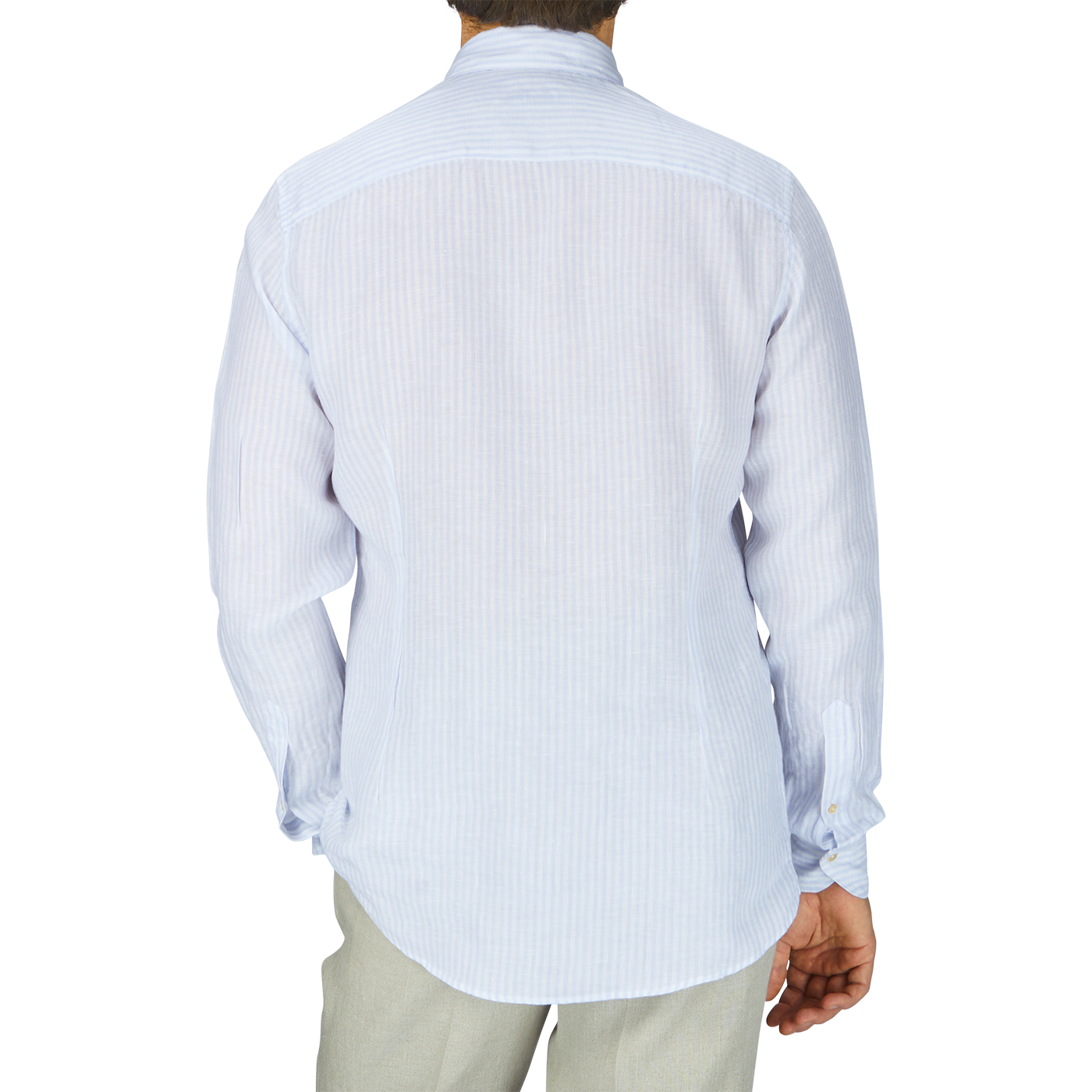 The back view of a man wearing a Stenströms Light Blue Striped Linen Slimline Shirt.