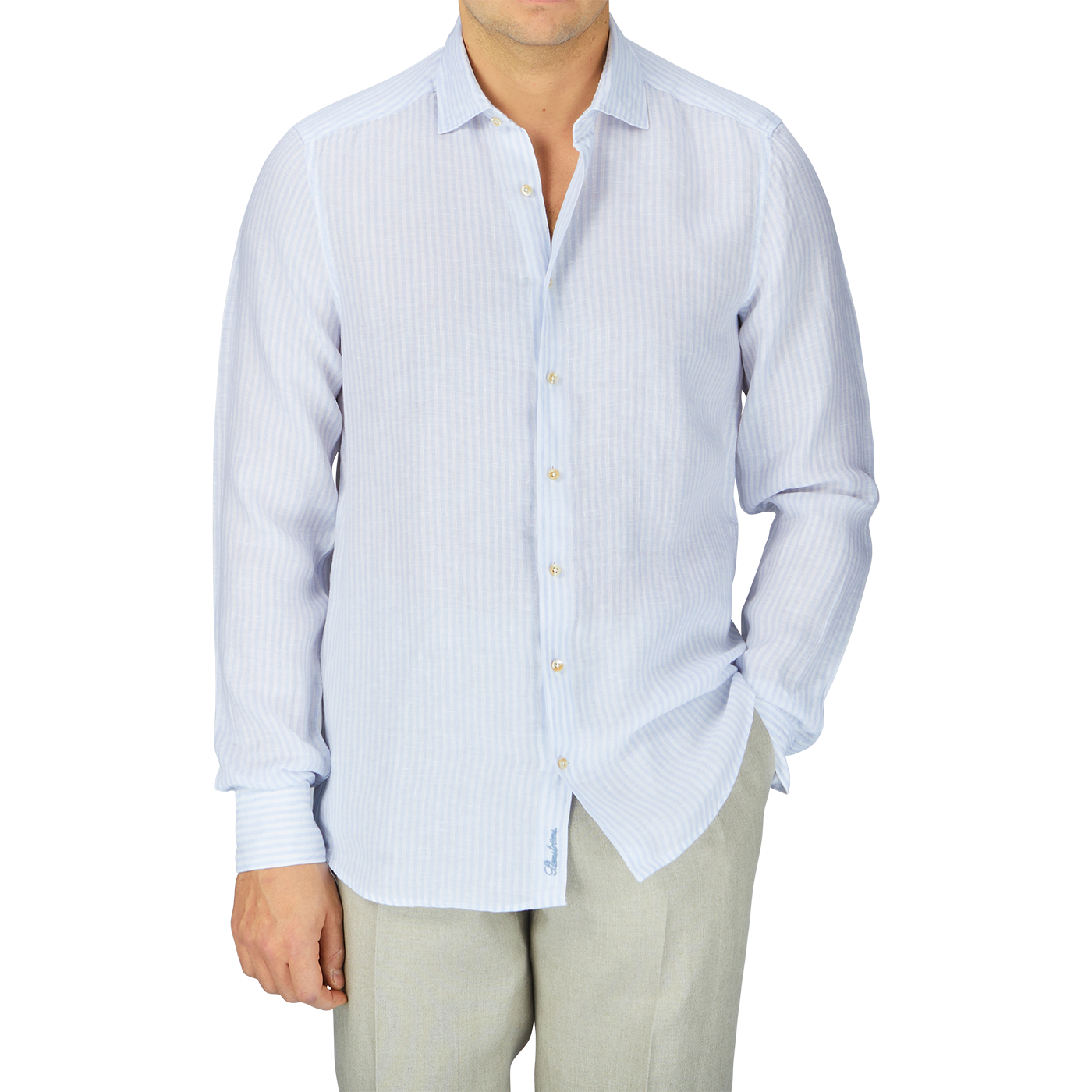 A man in a Stenströms Light Blue Striped Linen Slimline Shirt looks stylish and comfortable.