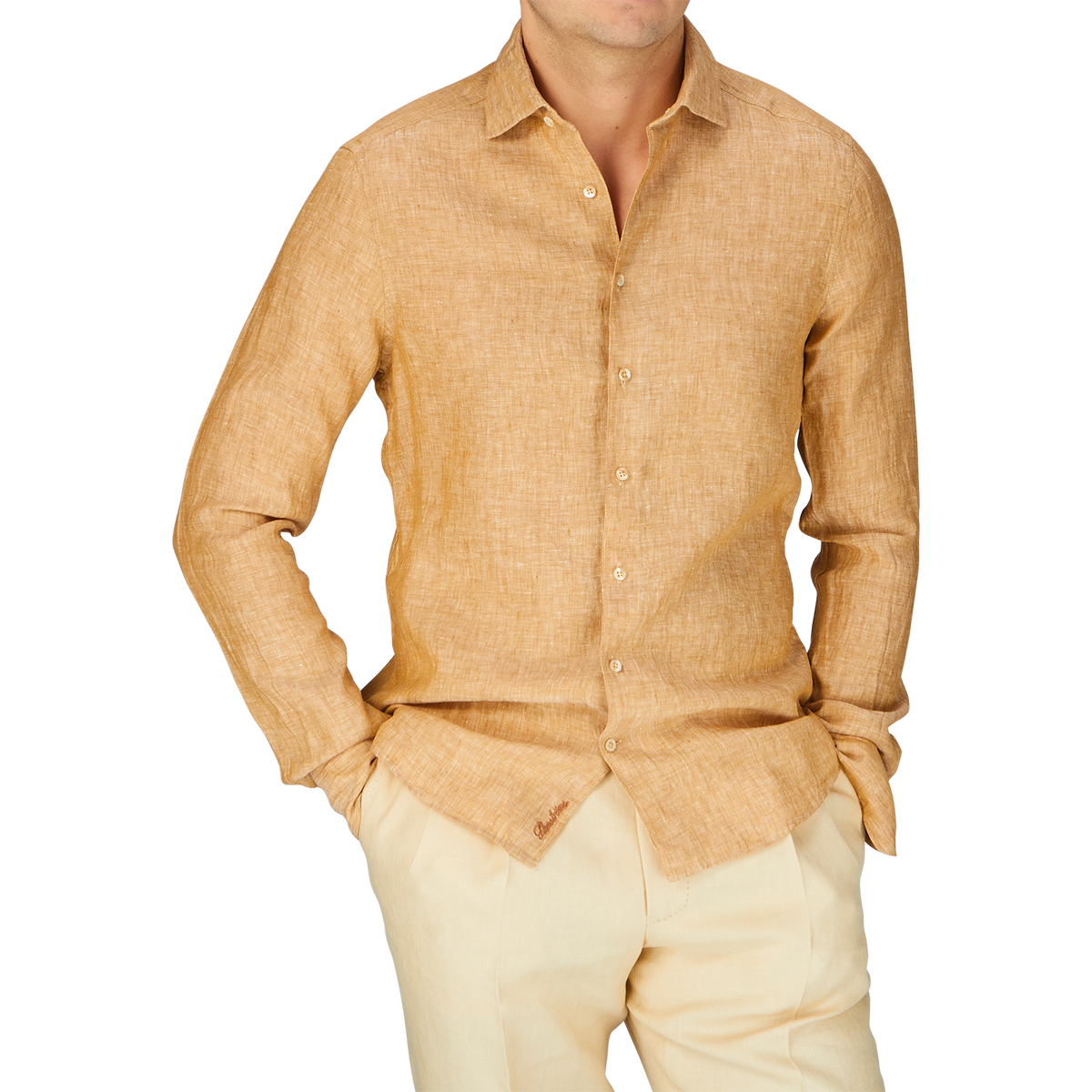 A man wearing a Tobacco Brown Linen Slimline Shirt by Stenströms.