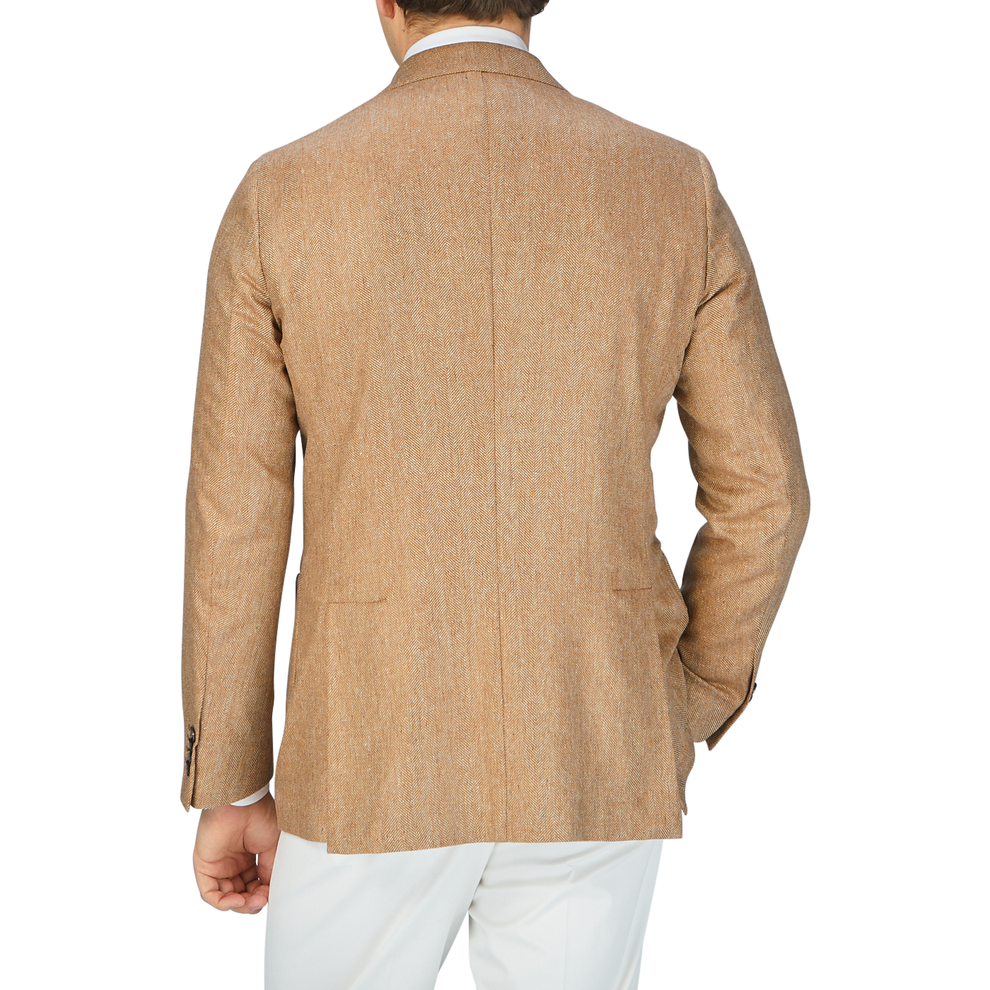 The back view of a man wearing a Studio 73 Camel Brown Herringbone Pure Silk Blazer.