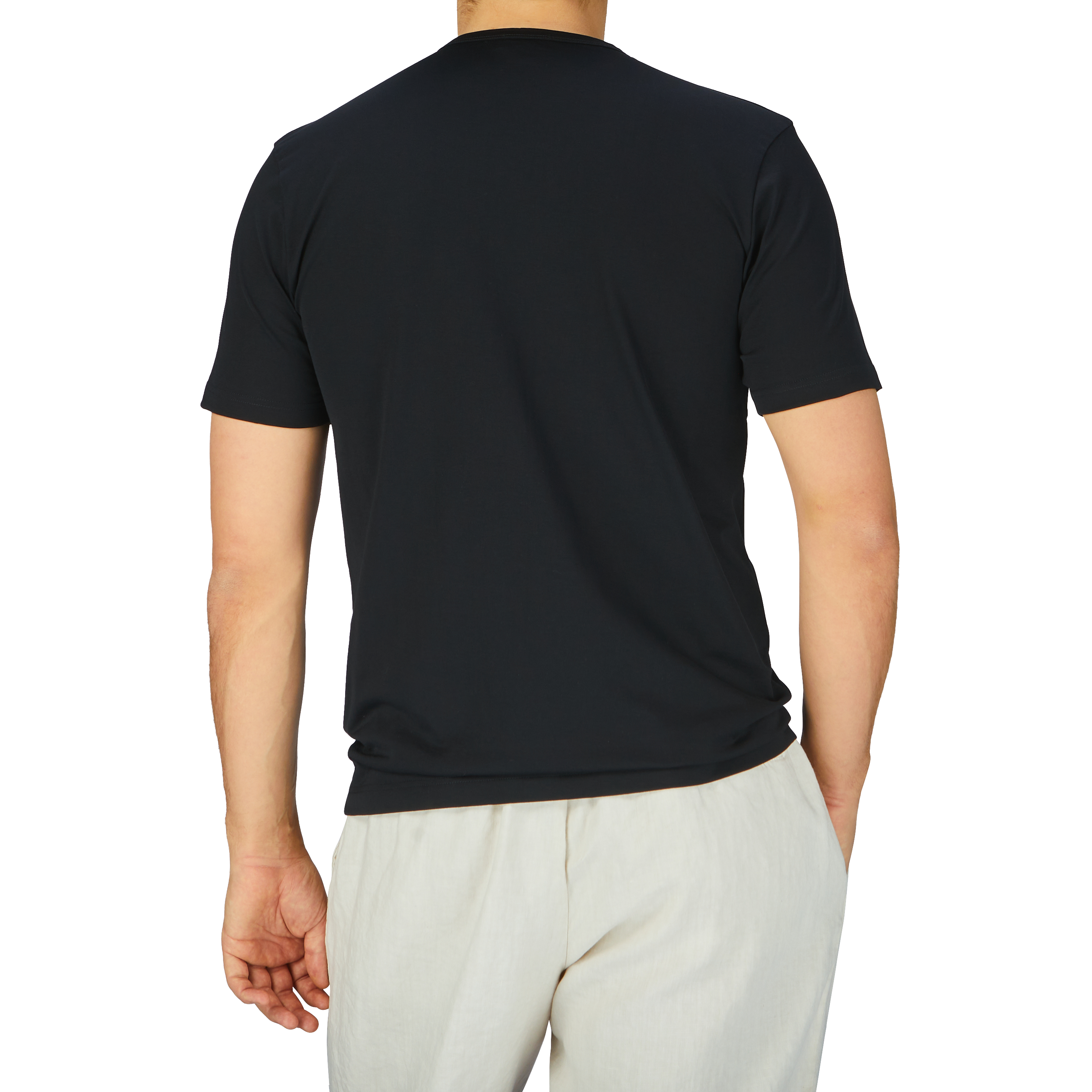 The man is wearing a Sunspel Black Classic Cotton T-Shirt.