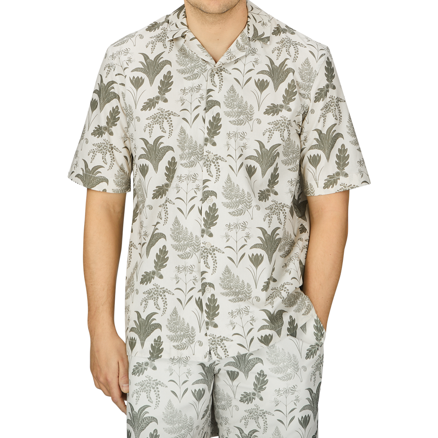 Men's short sleeve Hawaiian print pajamas inspired by botanical artist Katie Scott from Sunspel featuring the Ecru Katie Scott Printed Resort Shirt.