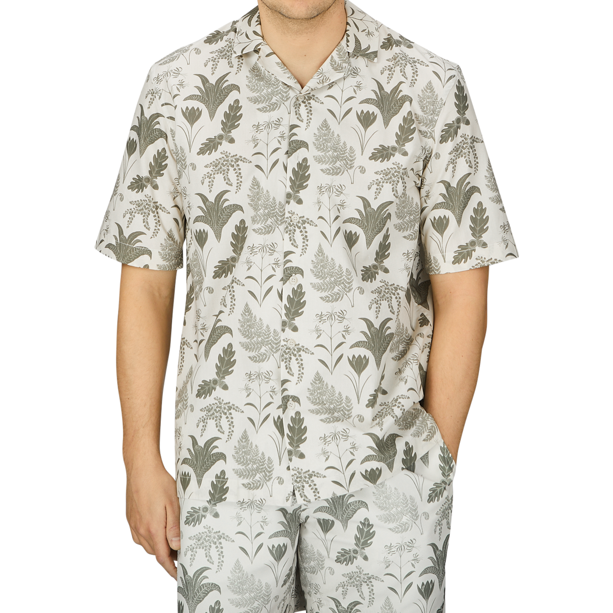 Men's short sleeve Hawaiian print pajamas inspired by botanical artist Katie Scott from Sunspel featuring the Ecru Katie Scott Printed Resort Shirt.