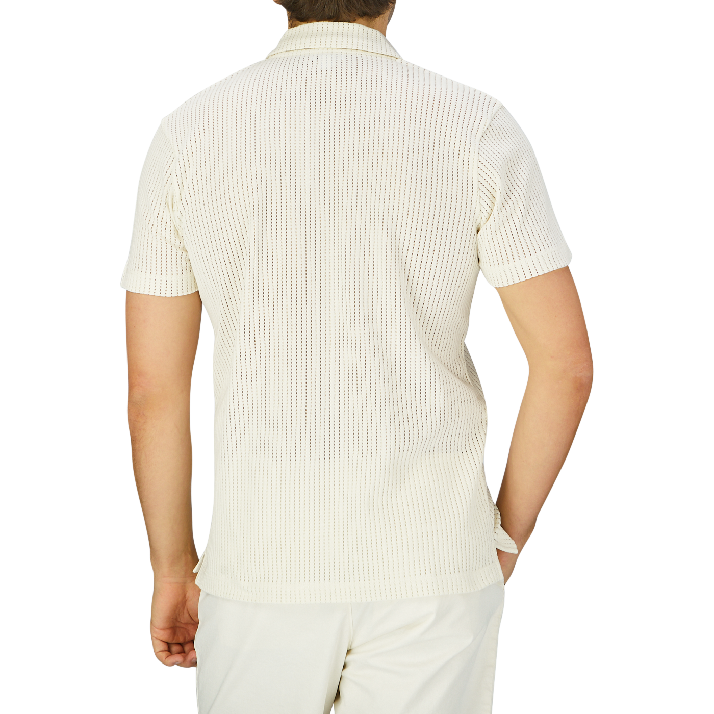 The back view of a man wearing a Sunspel Ecru White Linear Cotton Mesh Polo Shirt.