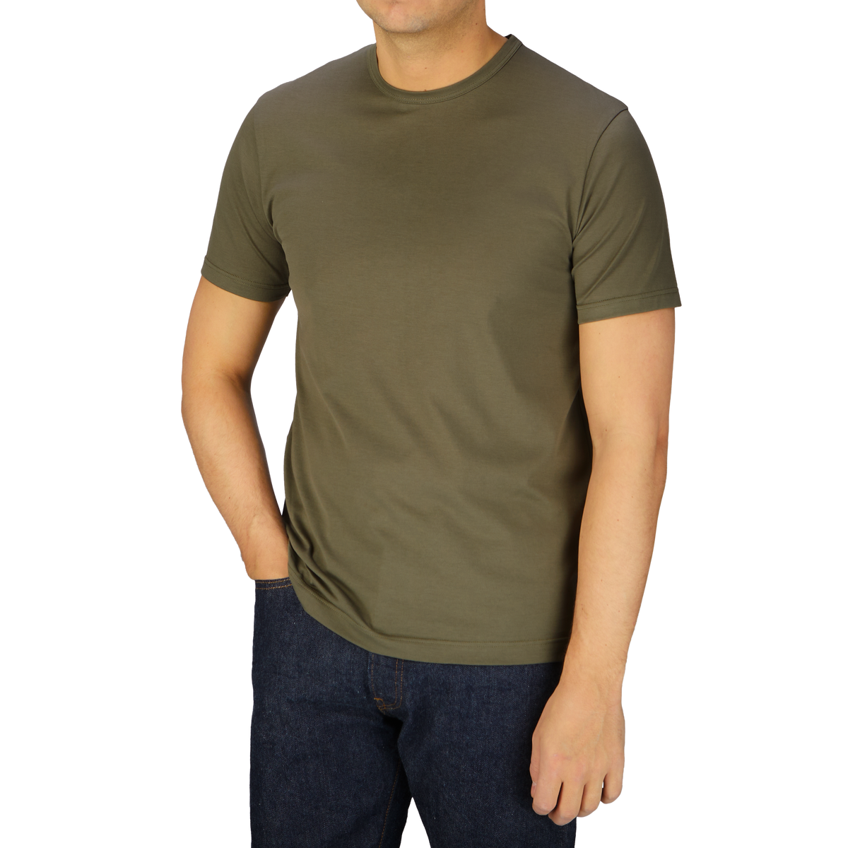 A man in a Sunspel Khaki Green Classic Cotton T-Shirt and jeans made of cotton.
