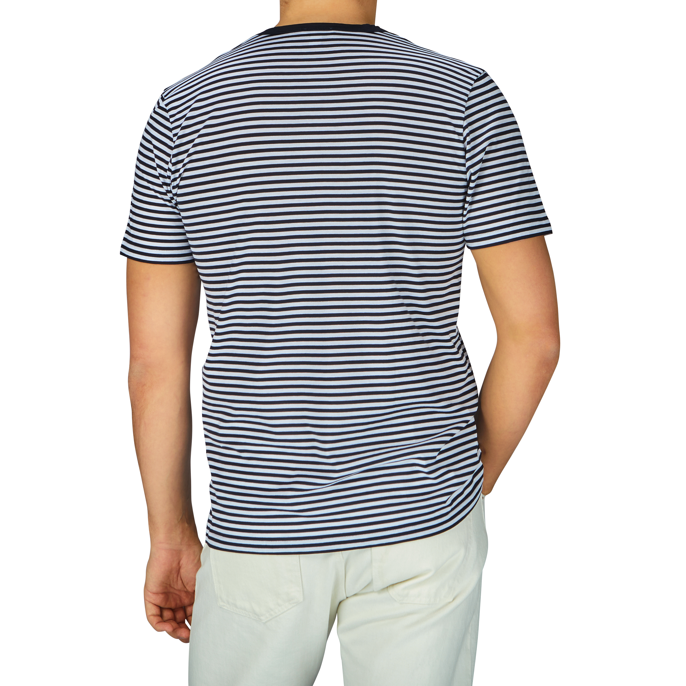 The man is seen wearing a comfortable Navy White Striped Classic Cotton T-Shirt from Sunspel.