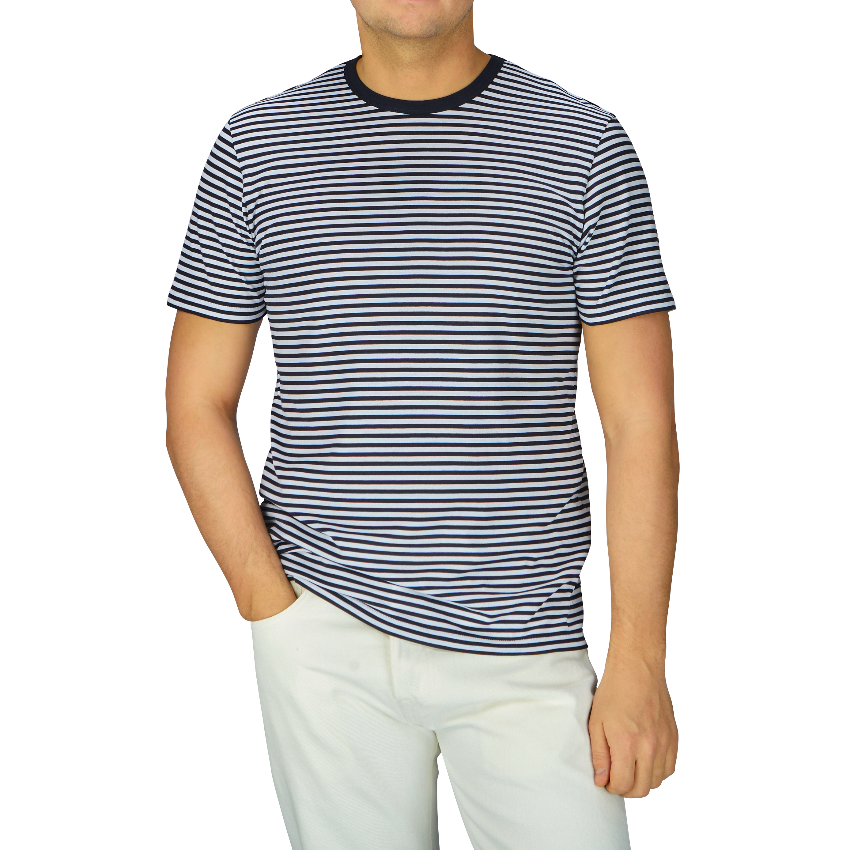 A man wearing a comfortable Navy White Striped Classic Cotton T-Shirt by Sunspel and white pants.