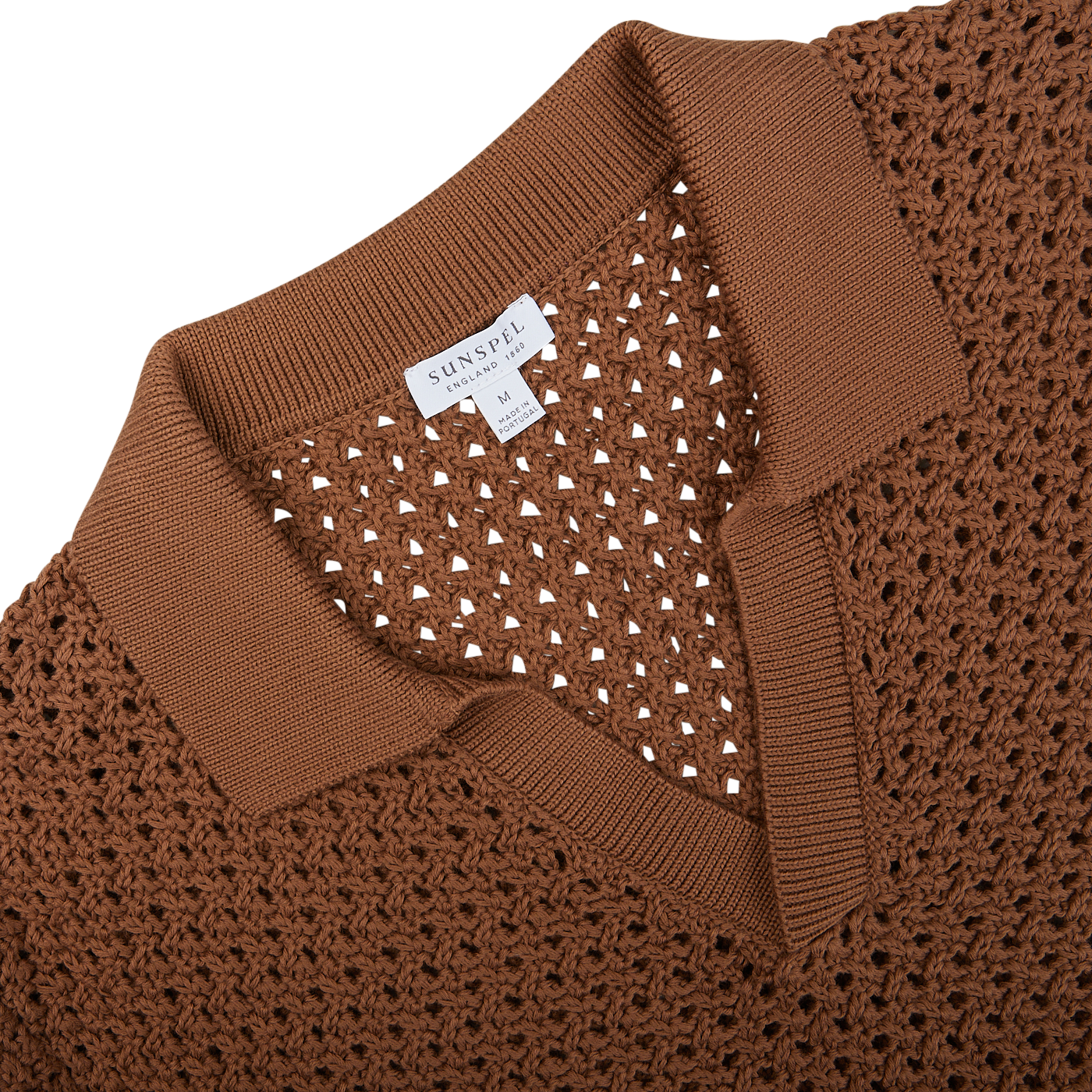 An image of a luxurious Sunspel Nougat Brown Cotton Chunky Knit Polo Shirt.
