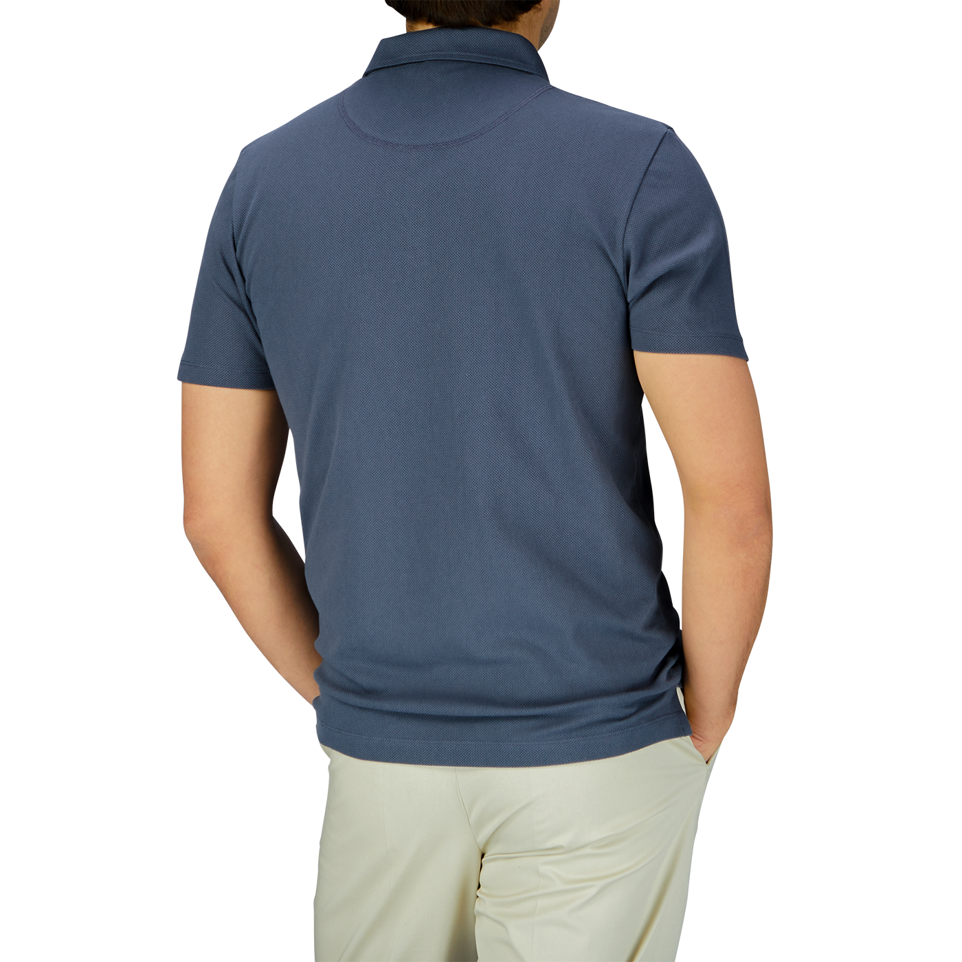 Back view of a man in a Slate Blue Cotton Sunspel Riviera Polo Shirt.