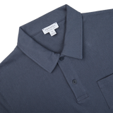 The Sunspel Slate Blue Cotton Riviera Polo Shirt inspired by James Bond in navy for men.