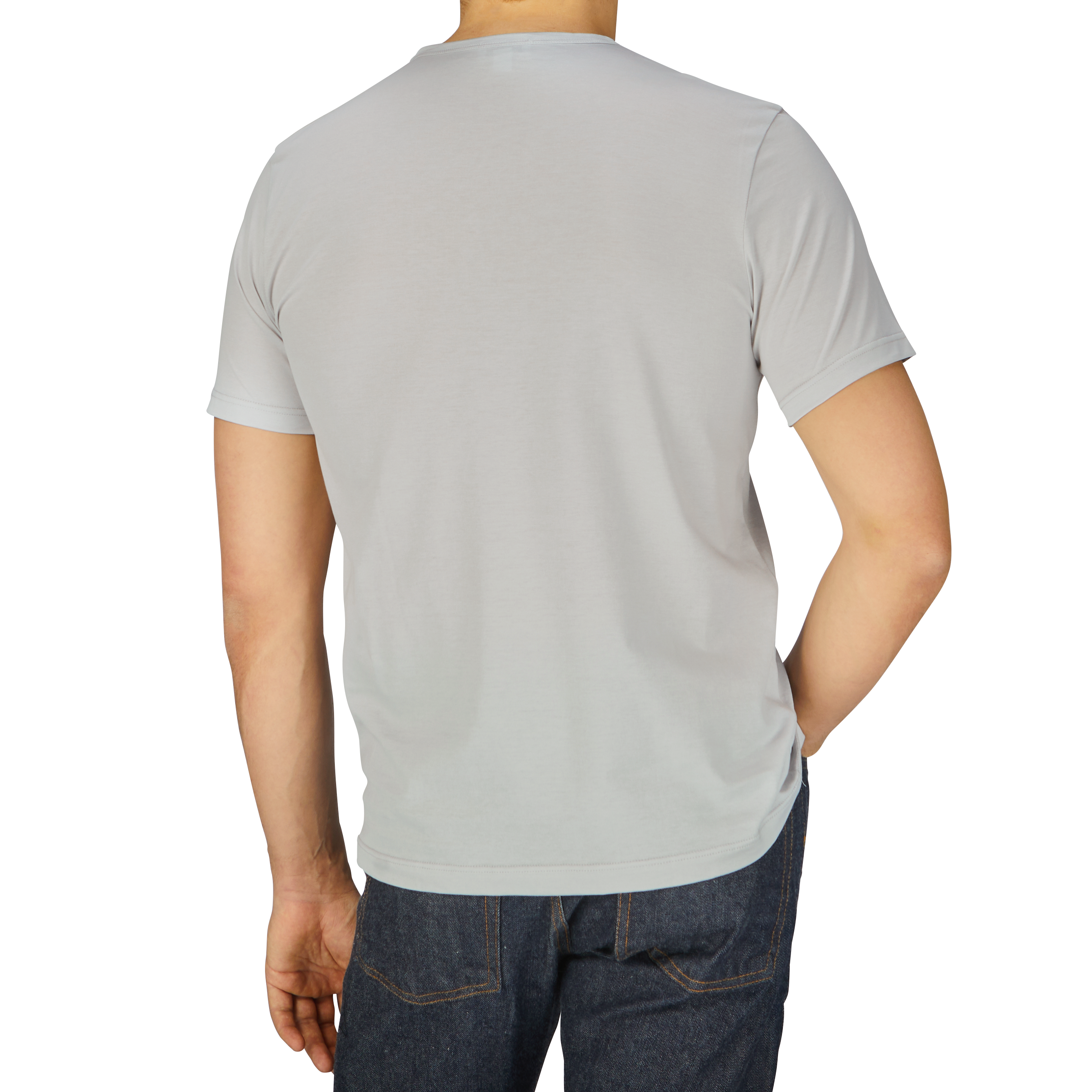 The back view of a man in a Sunspel Smoke Grey Classic Cotton T-Shirt.