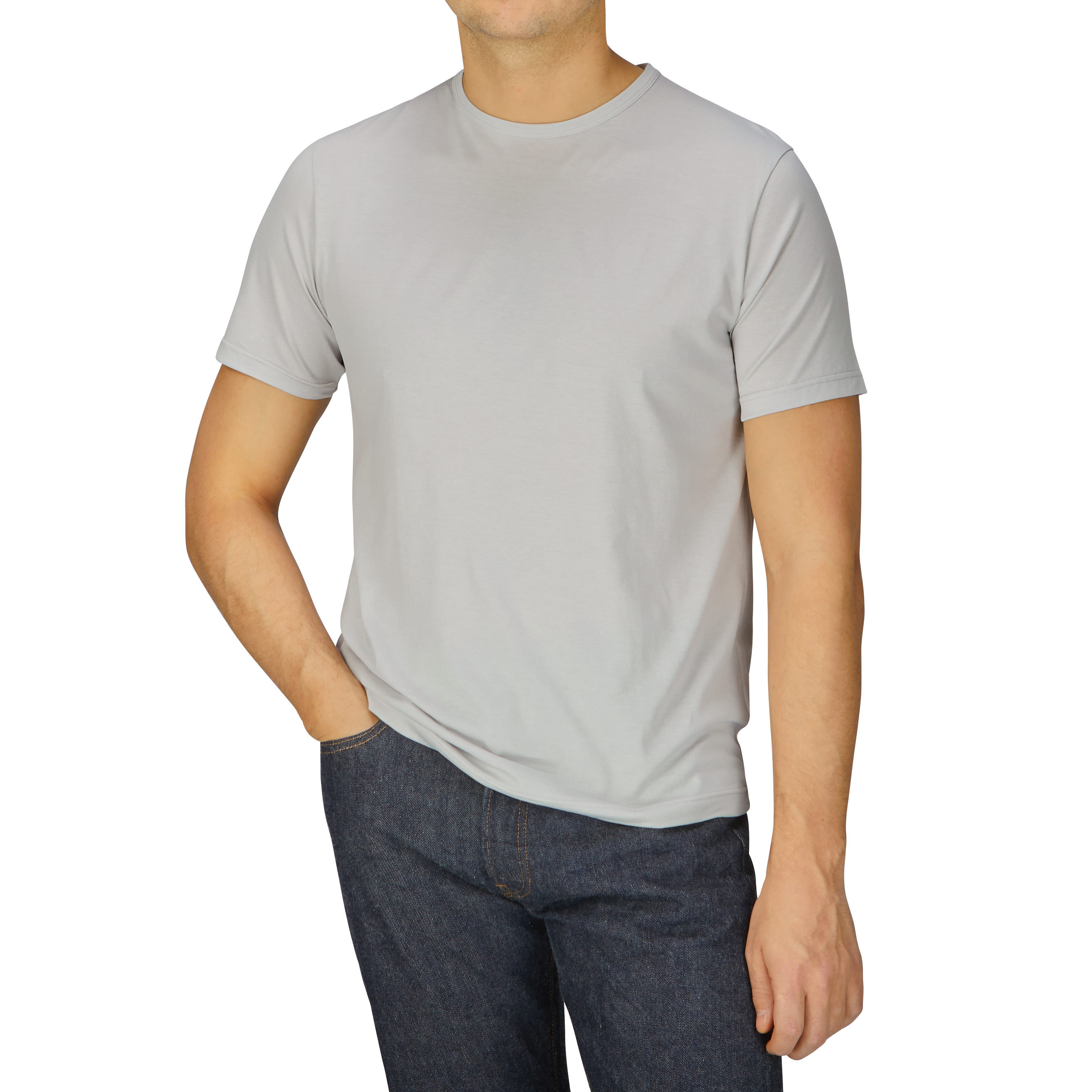 A man in a Sunspel Smoke Grey Classic Cotton T-Shirt and jeans.