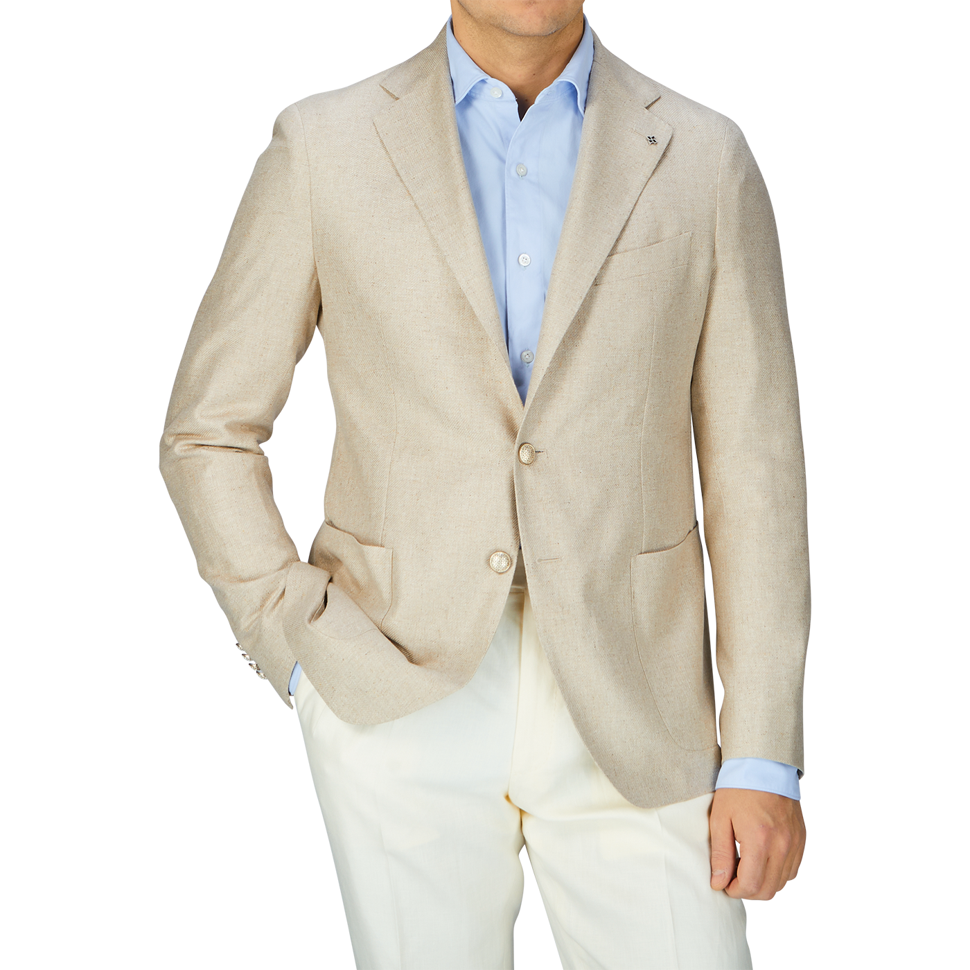 A man wearing a Tagliatore Beige Melange Silk Twill Vesuvio Blazer and white pants.
