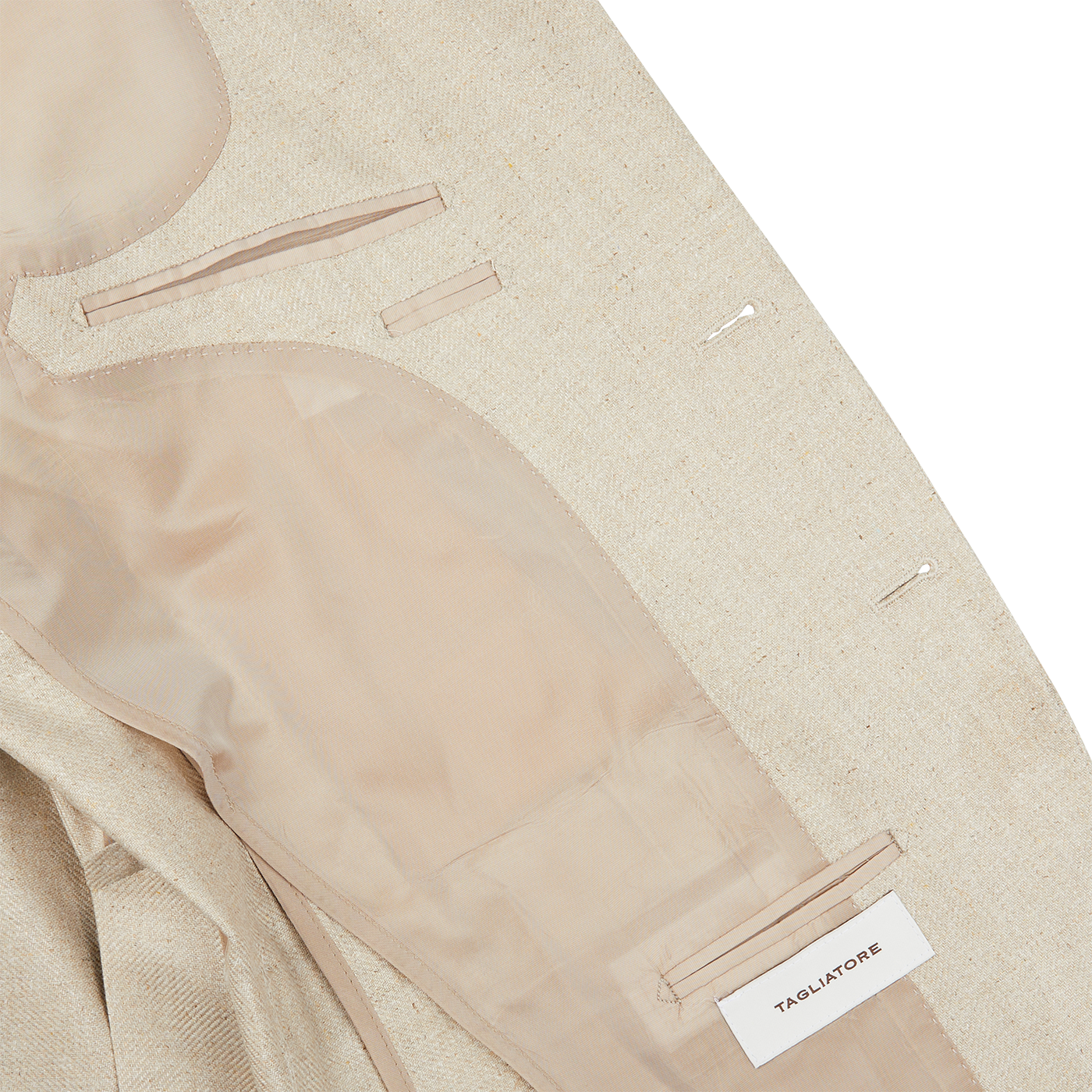 A close up of a slim fit Beige Melange Silk Twill Vesuvio Blazer with a pocket by Tagliatore.