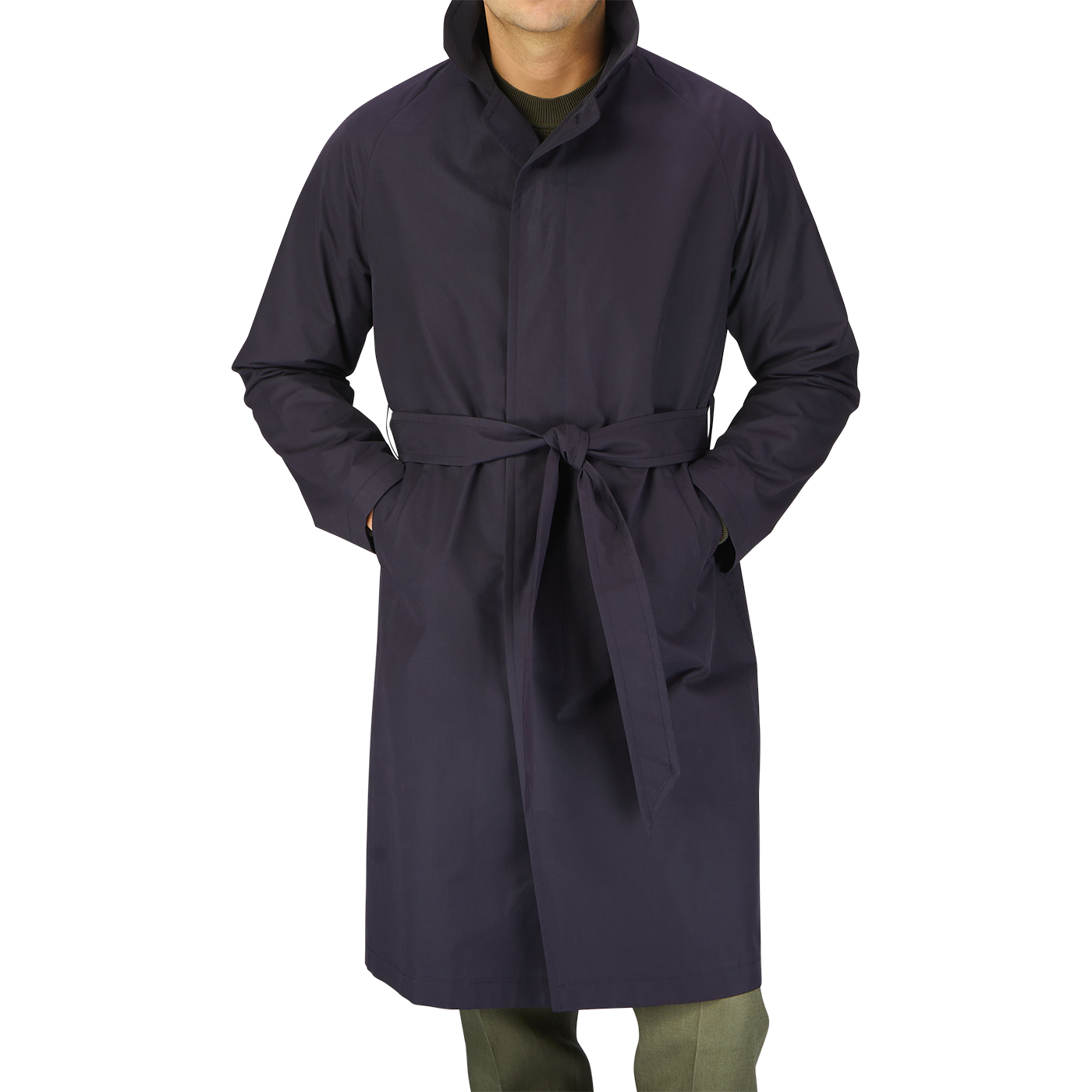 A man wearing a Tagliatore Navy Blue Cotton Nylon Trench Coat with a belt.