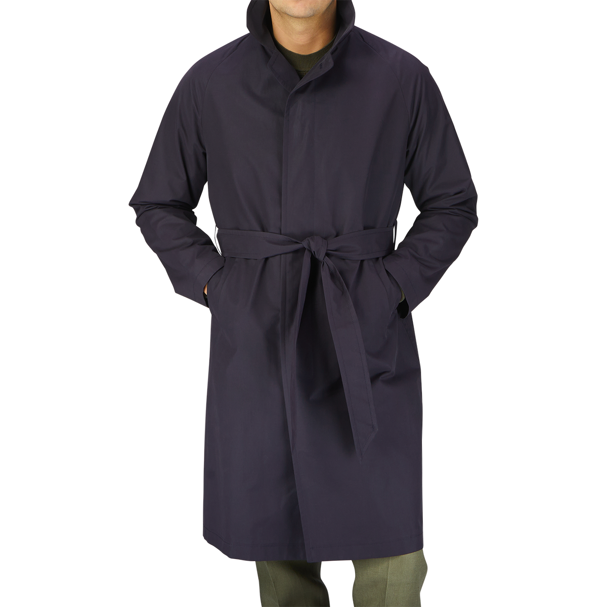 A man wearing a Tagliatore Navy Blue Cotton Nylon Trench Coat with a belt.
