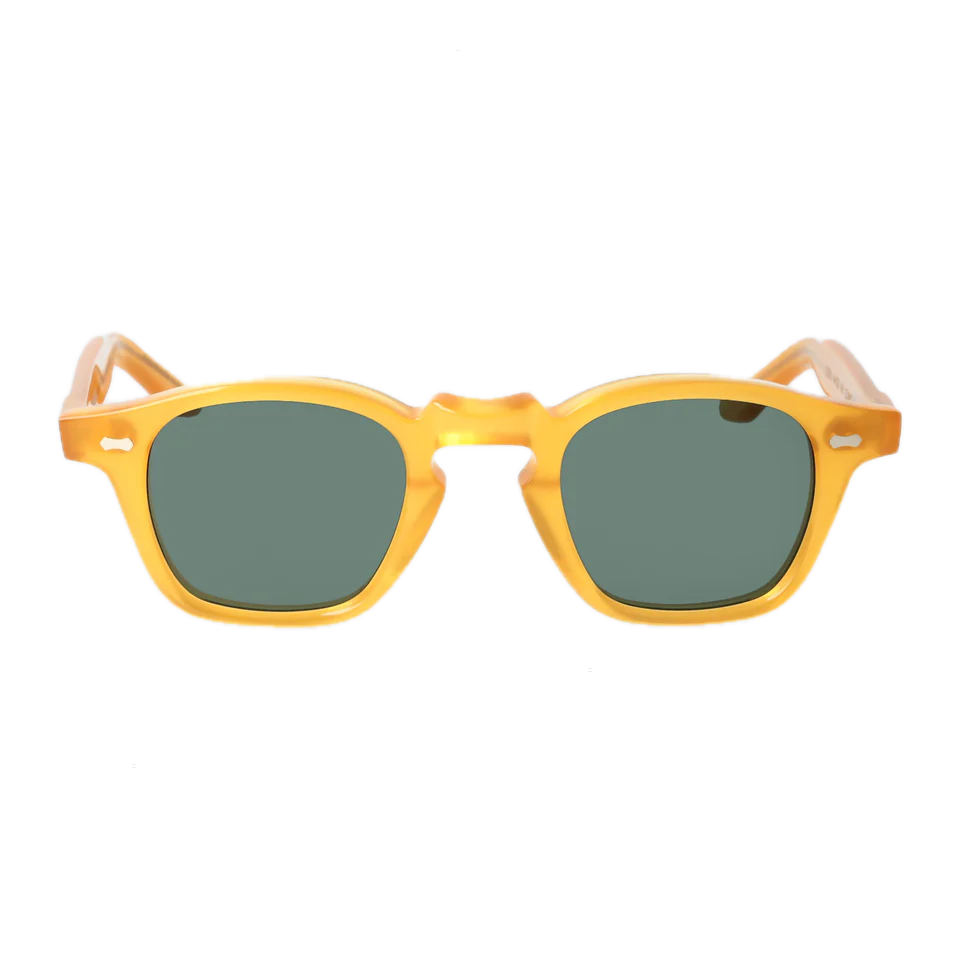 Yellow-framed sunglasses with Cord Eco Honey Green Lenses 44mm on a black background by The Bespoke Dudes.