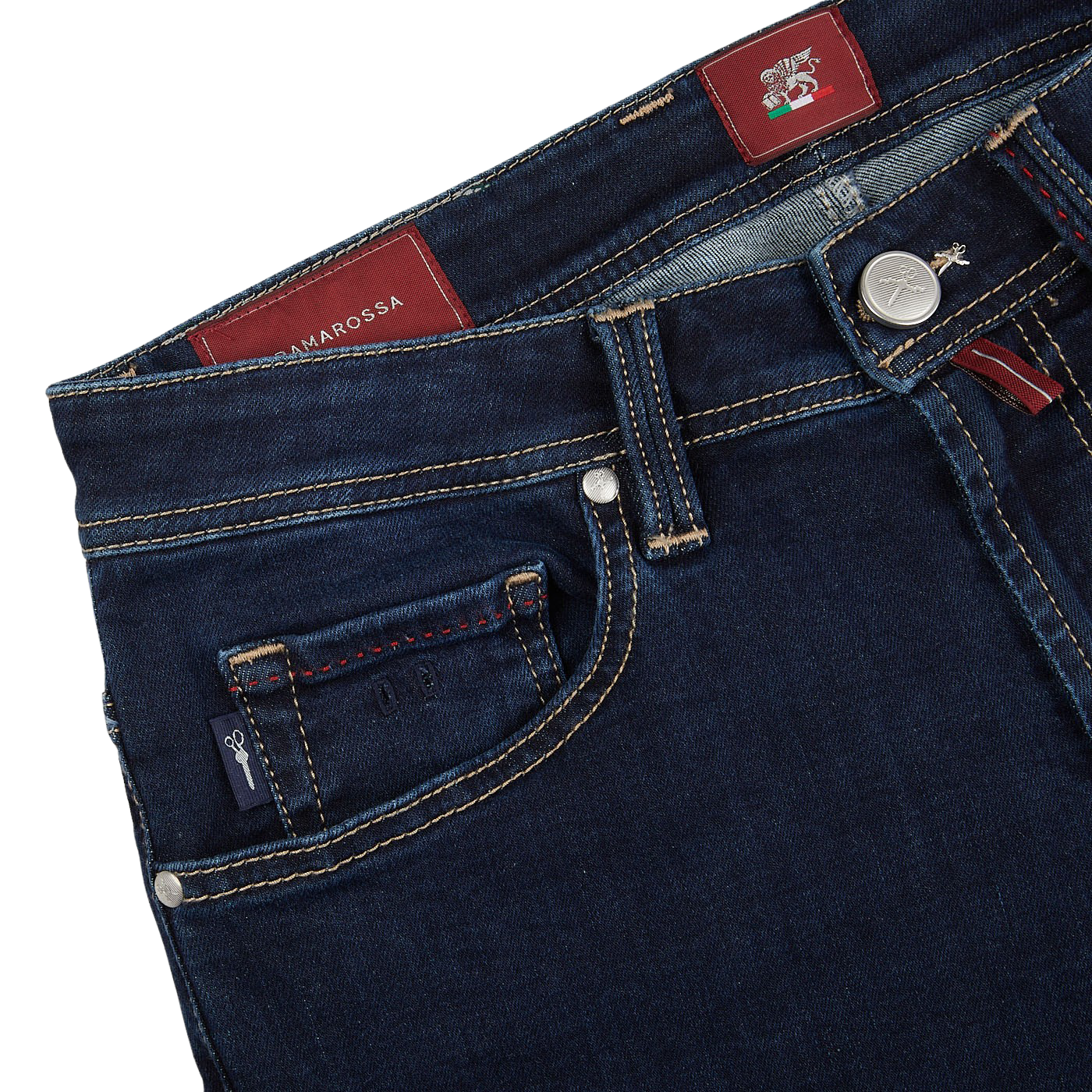 A pair of Dark Blue Leonardo 1 Month Jeans by Tramarossa with a red label, made from Japanese denim.