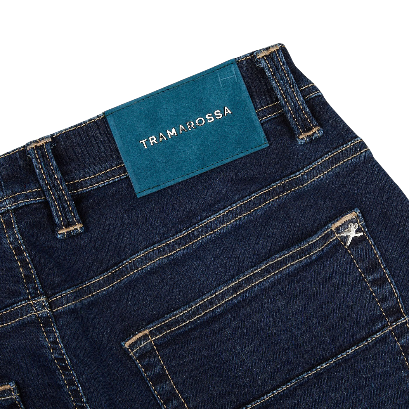 A pair of Tramarossa Dark Blue Leonardo 1 Month Jeans with a blue label on the pocket, made of Japanese denim.