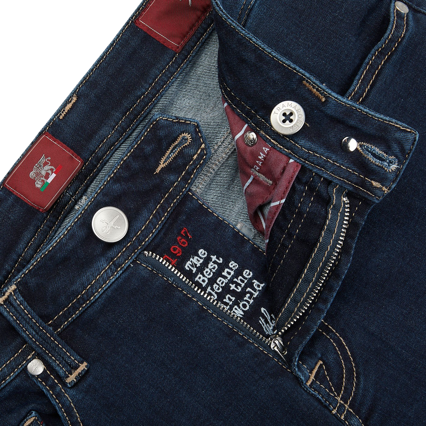 A close up of the pocket of a pair of Tramarossa Dark Blue Leonardo 1 Month Jeans.