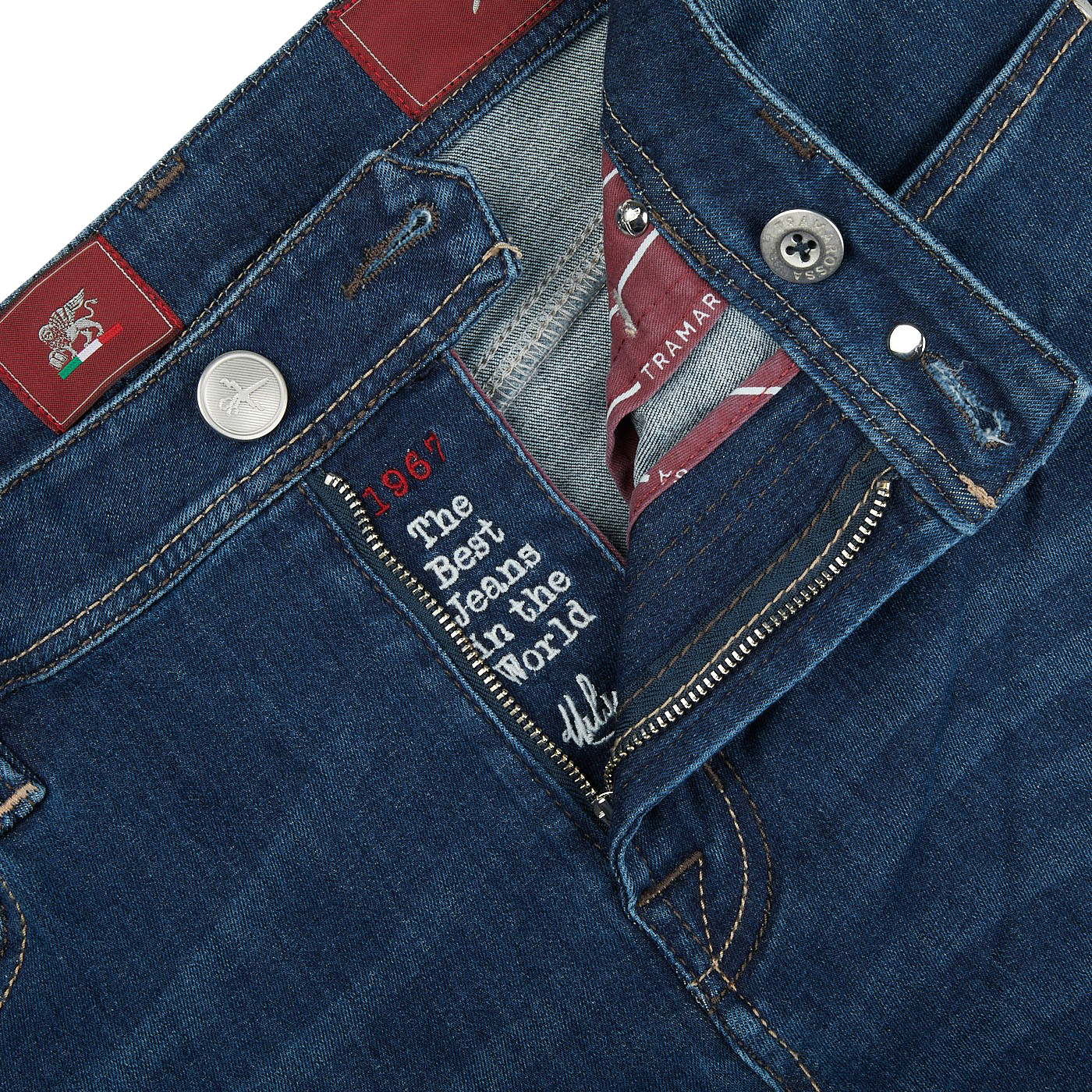 A close up of the pocket of a pair of Tramarossa Blue Leonardo Zip 6 Months Heritage Jeans.
