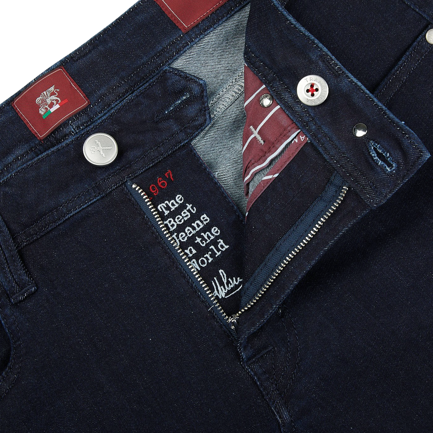 A close up of a pair of Raw Blue Super Stretch Michelangelo jeans made with comfort stretch denim by Tramarossa.