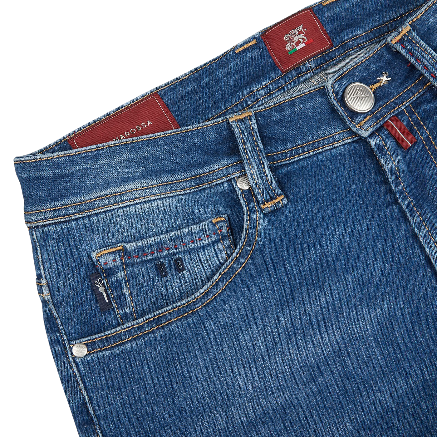 The back pocket of a pair of Tramarossa Washed Blue Leonardo 6 Months Jeans.