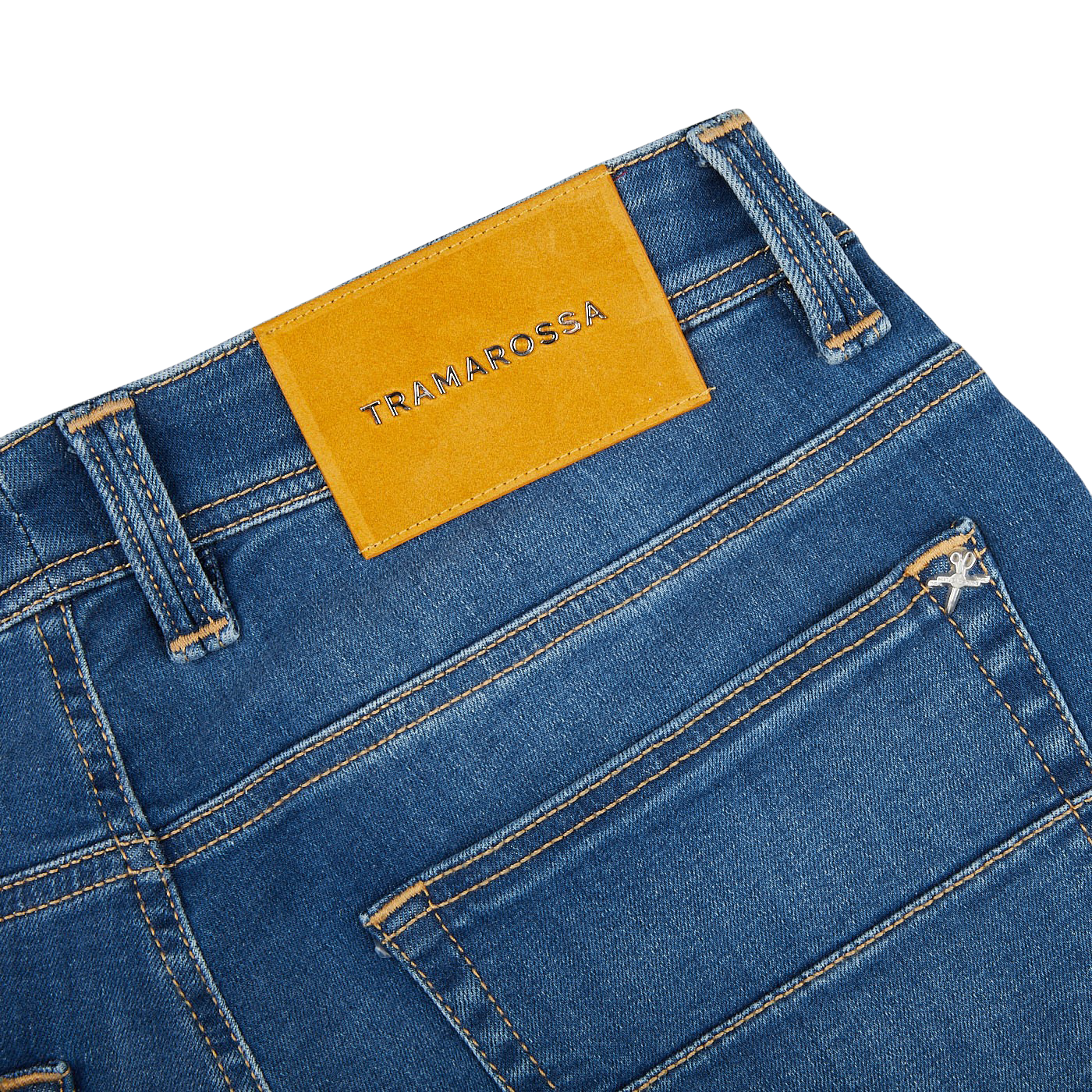 A pair of Tramarossa Washed Blue Leonardo 6 Months jeans with a yellow label on the back.