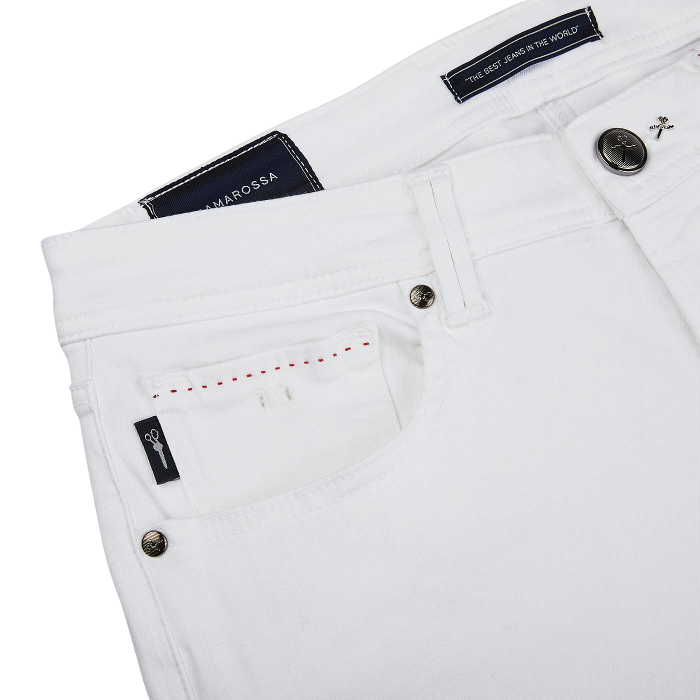 A pair of Tramarossa White Super Stretch Michelangelo jeans with a pocket on the side.
