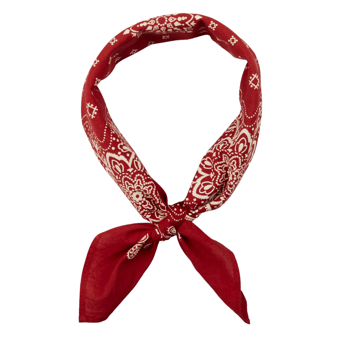 A Universal Works solid red cotton paisley printed bandana tied in a knot against a striped background.