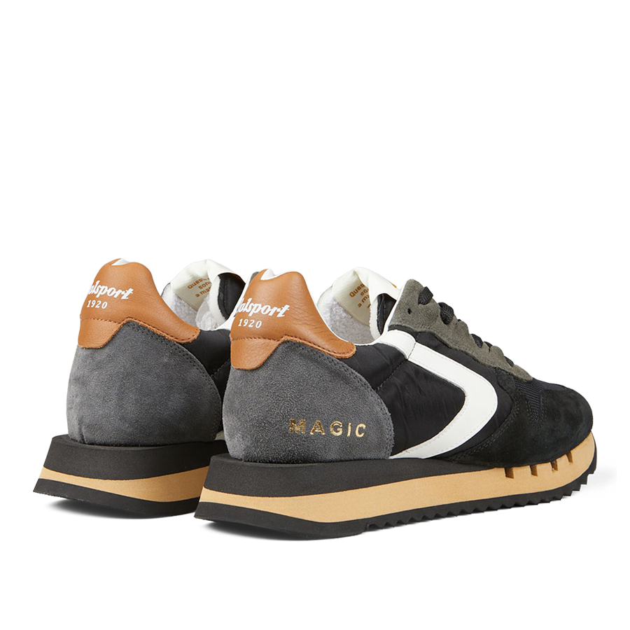 A pair of gray and black Valsport Black Leather Nylon Run30 Magic sneakers with white accents and tan heels, featuring the text "support" and "magic.