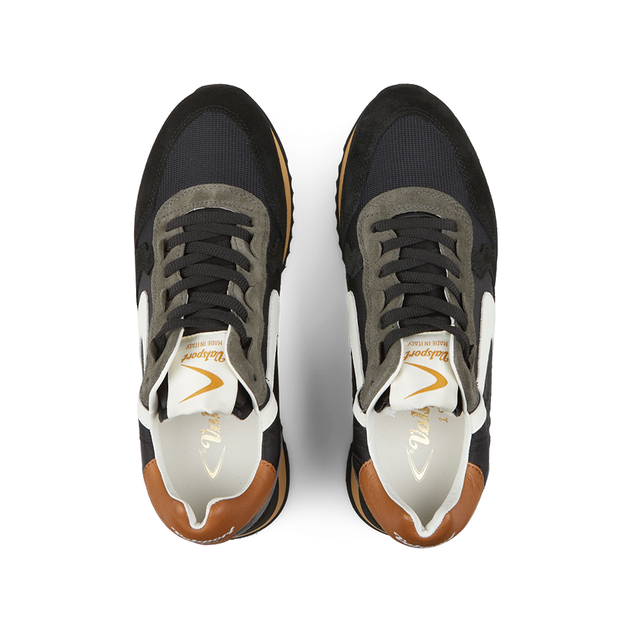 A top-down view of a pair of Valsport Black Leather Nylon Run30 Magic sneakers with white soles and laces.