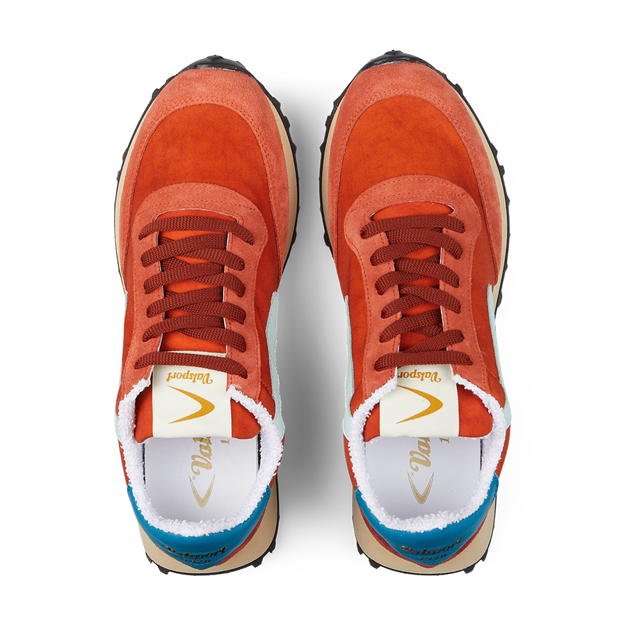 A pair of red and blue Valsport Bright Orange Nylon Suede Heritage sneakers viewed from above.