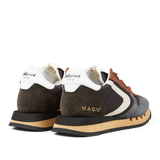 A pair of Dark Brown Leather Nylon Run30 Magic sneakers by Valsport, showcasing "magic" and "1920" on the heel tabs, against a neutral background.