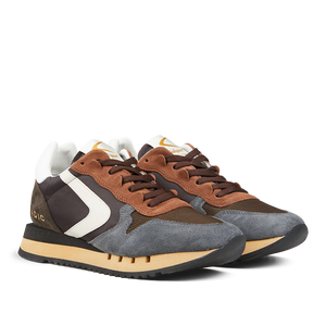 A pair of retro Valsport Dark Brown Leather Nylon Run30 Magic sneakers with white soles and a white logo on the sides, showcasing Italian craftsmanship.